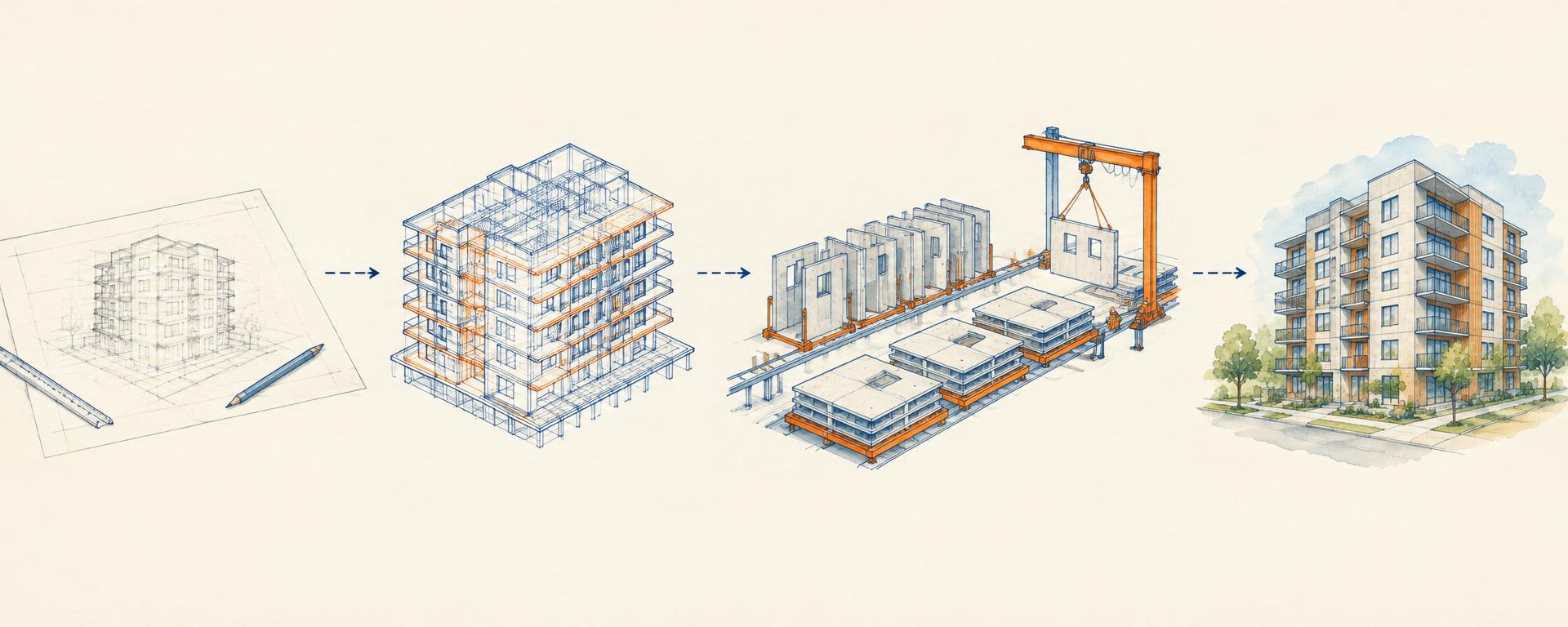 Sequence from pencil sketch to BIM model to prefabricated panels to finished building